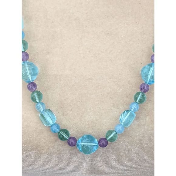Beachy tones of seaglass teal lavender resin beaded necklace 28" - Picture 2 of 4